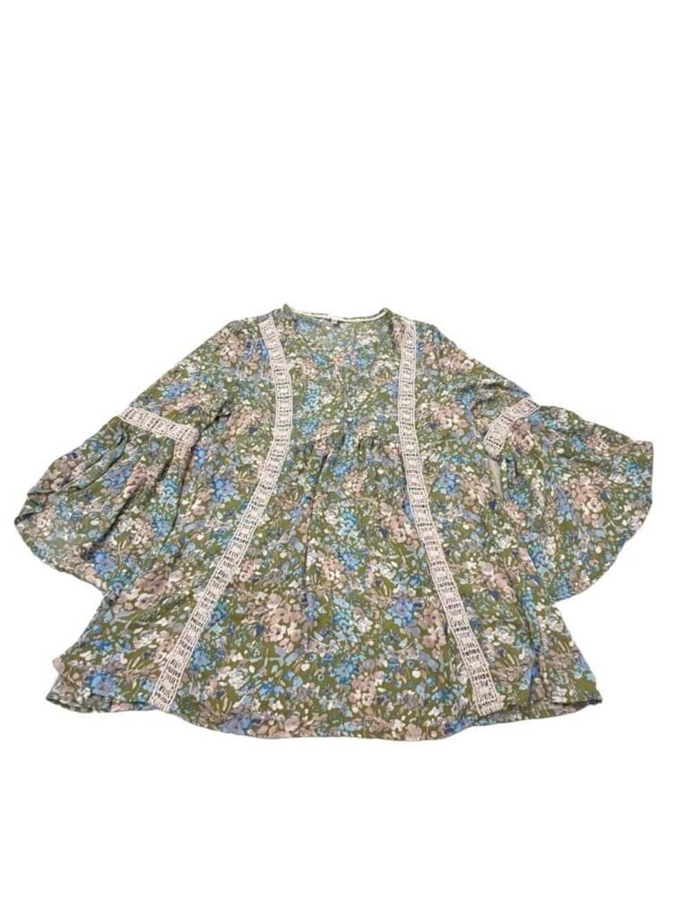 Spense Women's Green Floral Split Neck with Crochet Lace Trim and Bell Sleeves